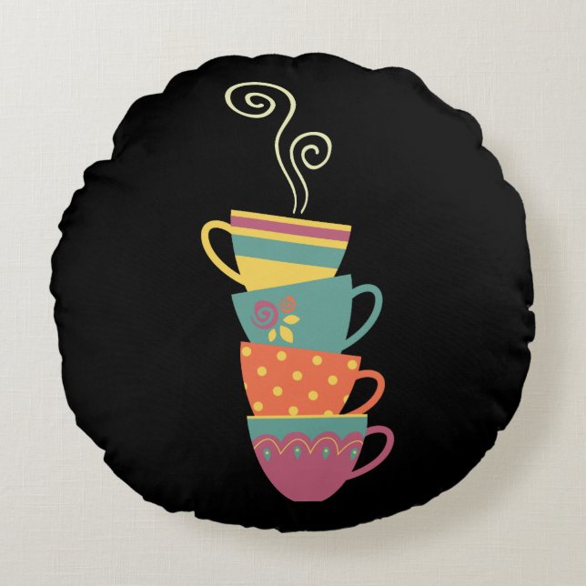 Almofada Redonda Xícaras de porcelana empilhadas, chá, vapor de caf (Frente)