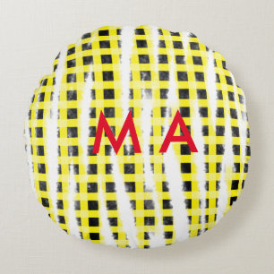 Almofada Redonda Yellow Black checkboard add name monograma name le