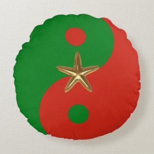Almofada Redonda Yin Vermelho e Verde Yang com Estrela Dourada