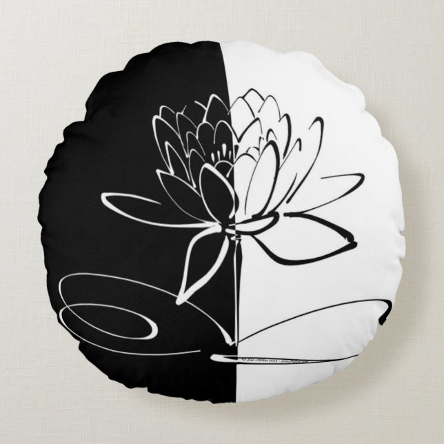 Almofada Redonda Yin Yang Black White Lotus Blossom (Frente)