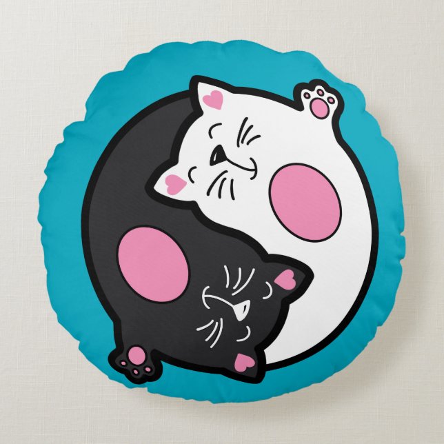 Almofada Redonda Yin Yang Sleeping Cats In Black And White  (Frente)