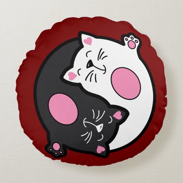 Almofada Redonda Yin Yang Sleeping Cats In Black And White  (Frente)