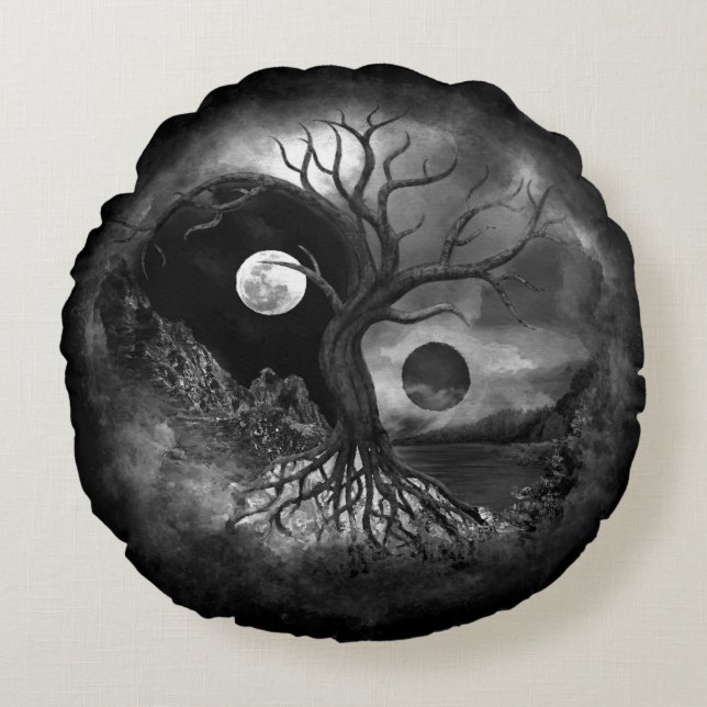 Almofada Redonda Yin Yang Tree Landscape Black and White (Frente)