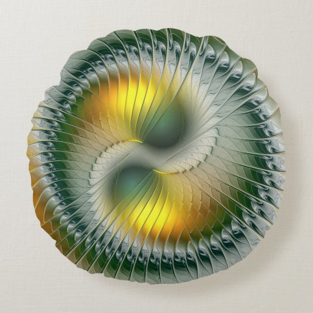 Almofada Redonda Yin Yang Verde Amarelo Abstrato Colorido Fractal (Frente)