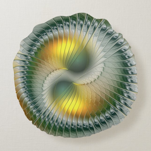 Almofada Redonda Yin Yang Verde Amarelo Abstrato Colorido Fractal (Verso)