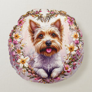 Almofada Redonda Yorkie adorável cercado por Floral Wreath