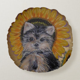 Almofada Redonda Yorkie Pequeno e Fofo e Girassóis