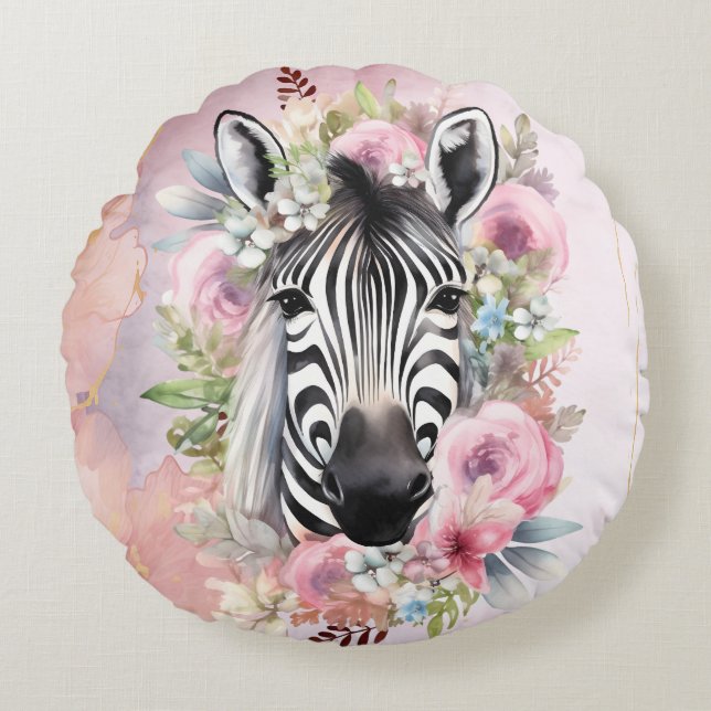 Almofada Redonda Zebra com Aquarela e Terra Floral (Frente)