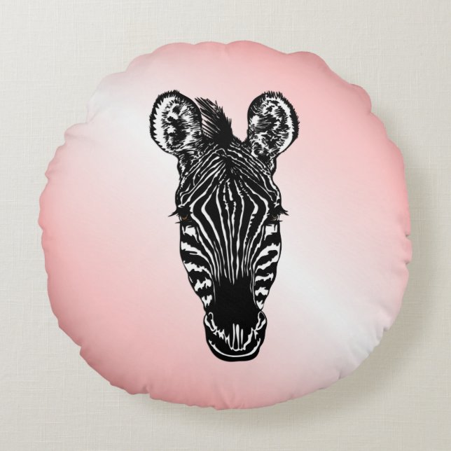 Almofada Redonda Zebra Head em Rosa (Frente)