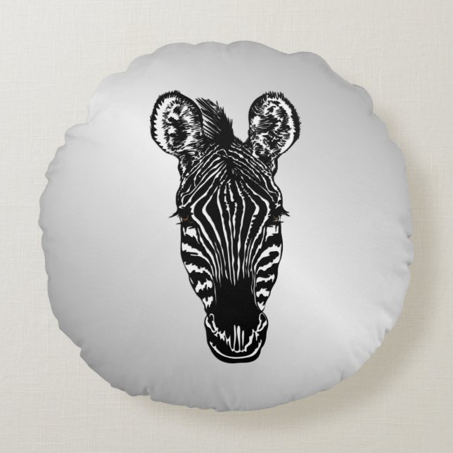 Almofada Redonda Zebra Head em Silver (Frente)