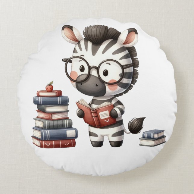 Almofada Redonda Zebra Lendo Livros. (Frente)