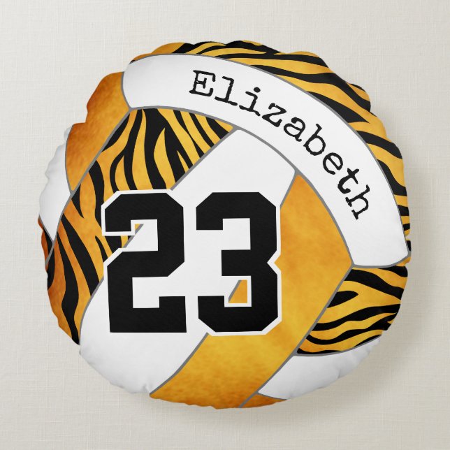 Almofada Redonda zebra listra ouro laranja voleibol personalizado (Frente)