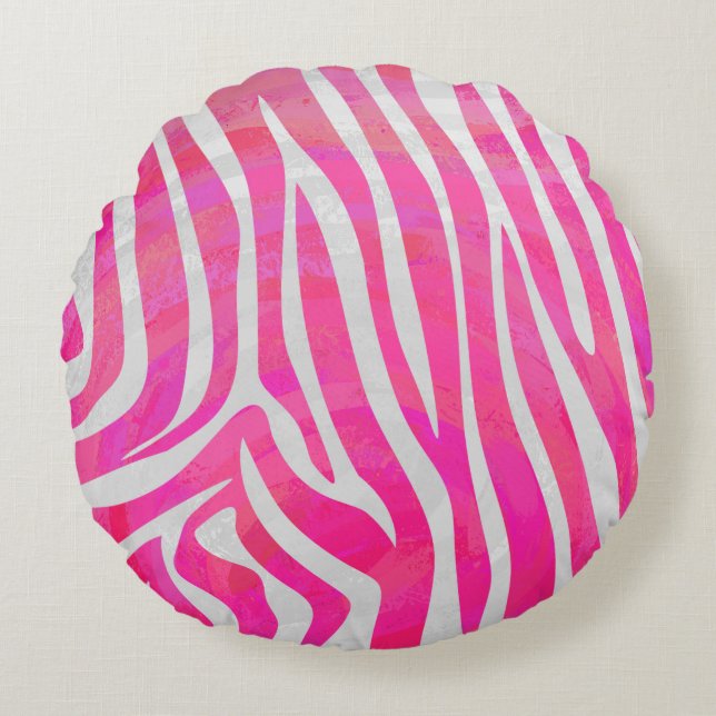 Almofada Redonda Zebra, rosa-quente e Impressão branco (Frente)