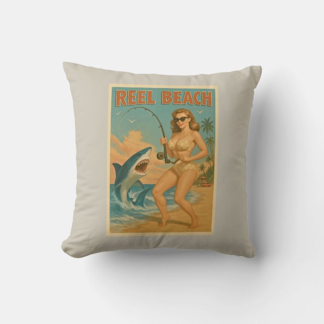 Almofada Reel Beach Shark Fishing Pin-Up Retro Coastal Life (Frente)