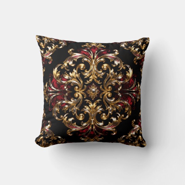 Almofada Regal Noir Pattern | Gold Scrollwork & Crimson (Frente)