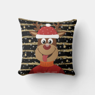 Almofada Reindeer de Natal em Neve em Preto e Dourado
