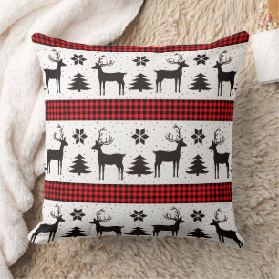 Almofada Reindeer de Xadrez Vermelha e Árvore de Natal