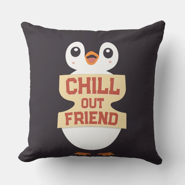 Almofada Relaxe, amigo: Pinguim Fofo Segurando uma Placa (Frente)