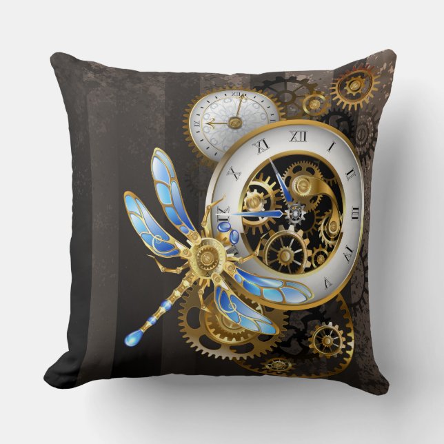 Almofada Relógio Steampunk com Dragonfly Mecânica (Frente)