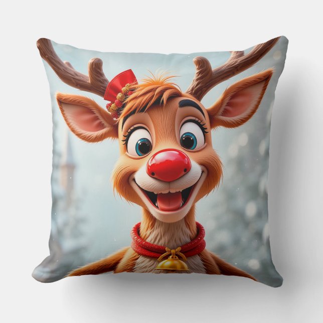 Almofada Rena de Desenho Animado Decoração de Natal Feriado (Frente)