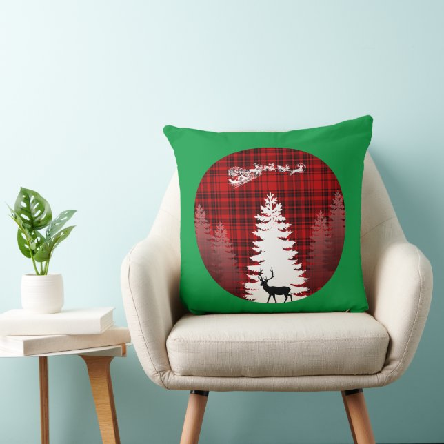 Almofada rena de natal árvore de natal xadrez vermelho (Cadeira)