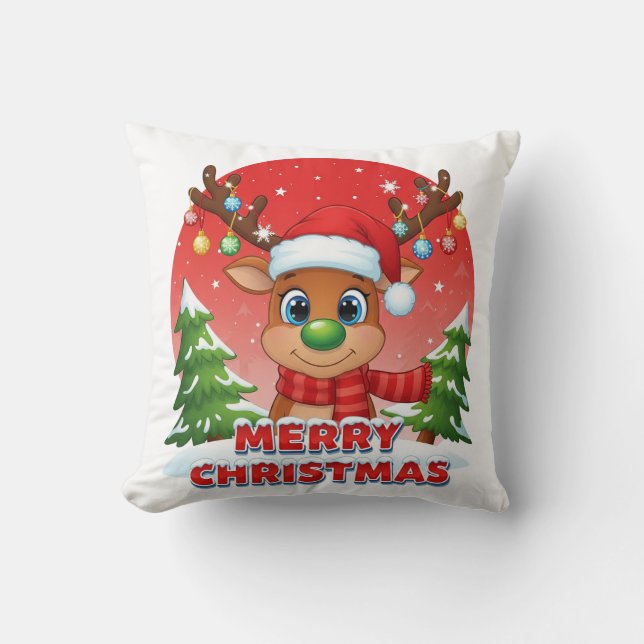 Almofada Renas de Natal Fofas com Enfeites de Chapéu de Pap (Frente)