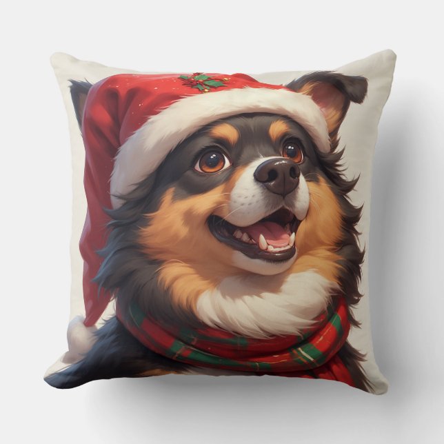 Almofada Retrato de Cachorro Feliz no Natal com Chapéu de P (Frente)