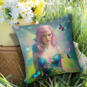 Almofada Retrato de fada de cabelo rosa feminino em vestido