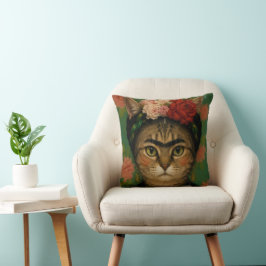 Almofada Retrato de Gato Frida Kahlo Impressão de Arte Flor
