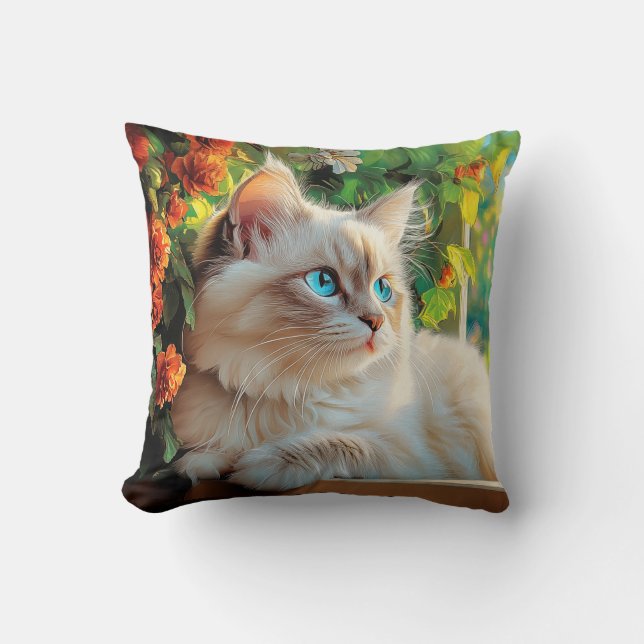 Almofada Retrato de gato Ragdoll com flores (Frente)