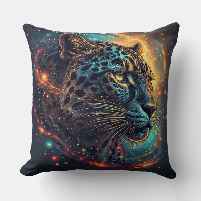 Almofada Retrato de Leopardo Cósmico Com Efeito Místico (Frente)