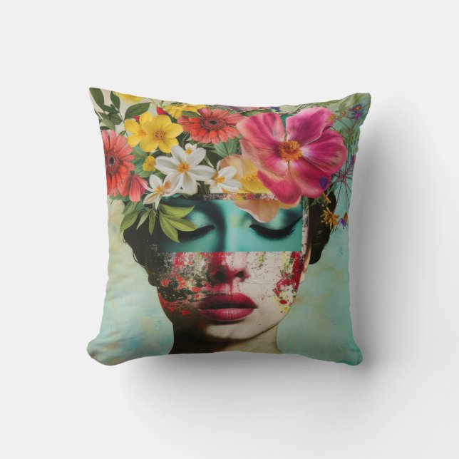 Almofada Retrato de mulher com flores da moda na cabeça.  (Frente)