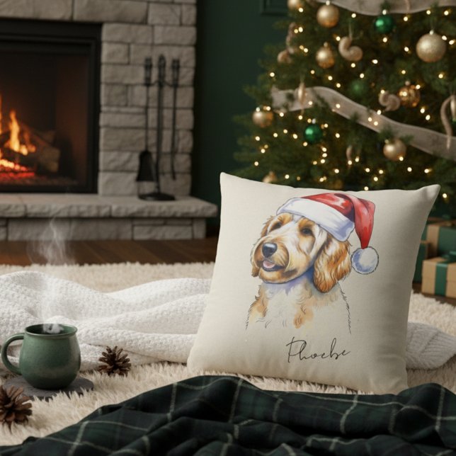 Almofada Retrato de Porodle do Ouro de Natal Desenhado à Mã (Add a special touch to your Christmas tree with this custom pet portrait throw pillow! )