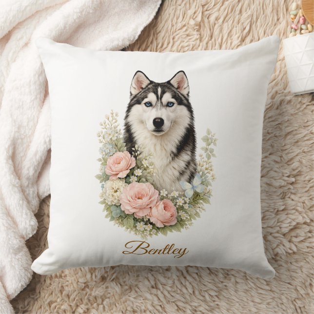 Almofada Retrato Floral de Husky Siberiano (Cobertor)