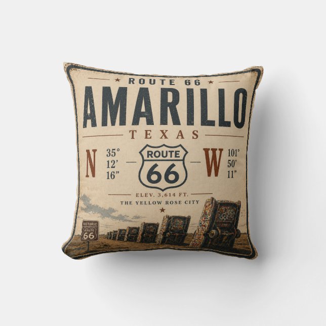 Almofada Retro Amarillo Rota 66 Coordenadas (Frente)