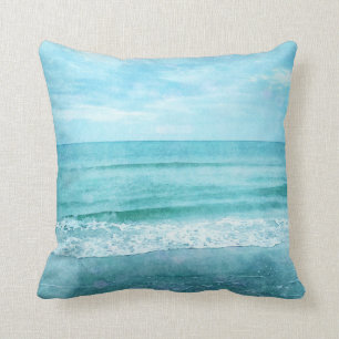 Almofada Retro Beach - Coastal Teal Blue Ocean Watercolor