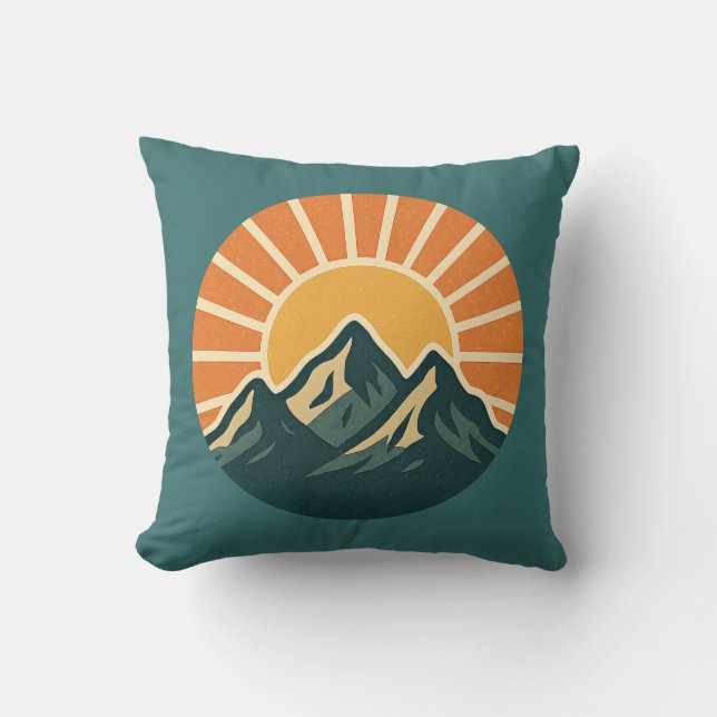 Almofada Retro Blue Mountain Sunrise | Outdoor Nature Teal (Frente)