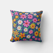 Retro Boho Primavera Flores Coloridas em Azul Mari