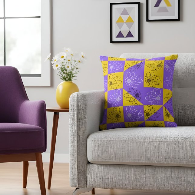 Almofada Retro Boho Roxo e Amarelo Xadrez de Margarida (Criador carregado)