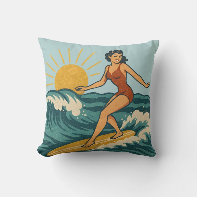 Almofada Retro Cali Pinup Surfer Reversible Blue Surfboard (Frente)