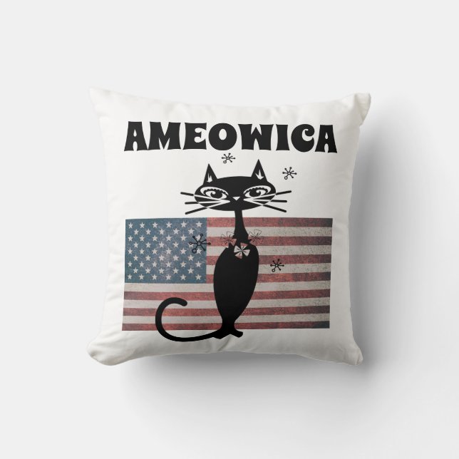 Almofada RETRO CAT AMEOWICA PATRIÓTICO 4 DE JULHO Travessei (Frente)
