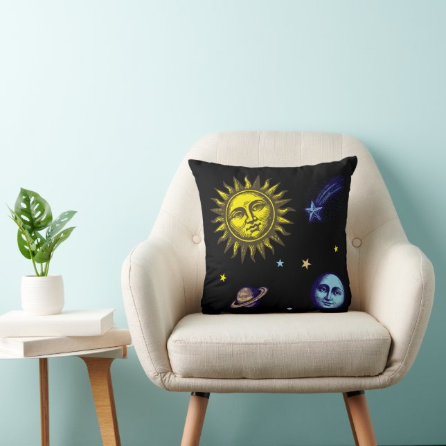 Almofada Retro Celestial Art Sun Moon Stars Planet Comet (Cadeira)