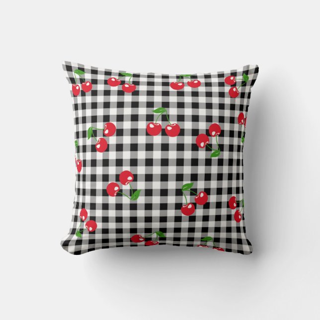 Almofada Retro Cherry Gingham Cute Red & Black Checked (Frente)