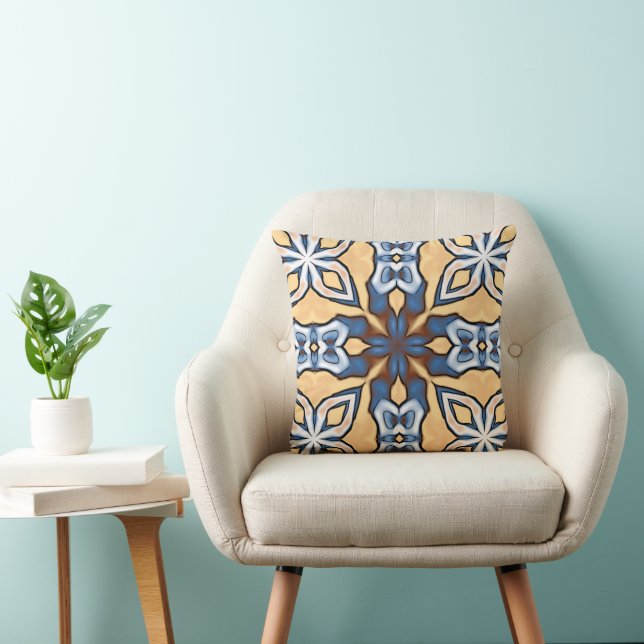 Almofada Retro Cinza Azul Cream Arte Boêmica Amarela (Cadeira)