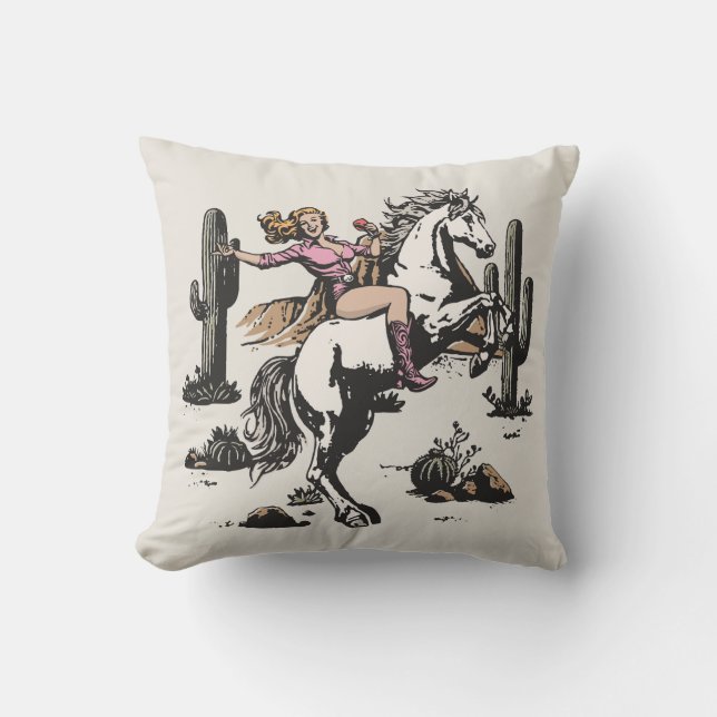 Almofada Retro Cowgirl Riding Horse Throw Pillow (Frente)