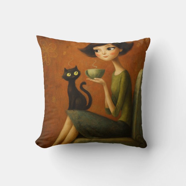 Almofada Retro Cozy Morning Black Cat Aesthetic  (Frente)