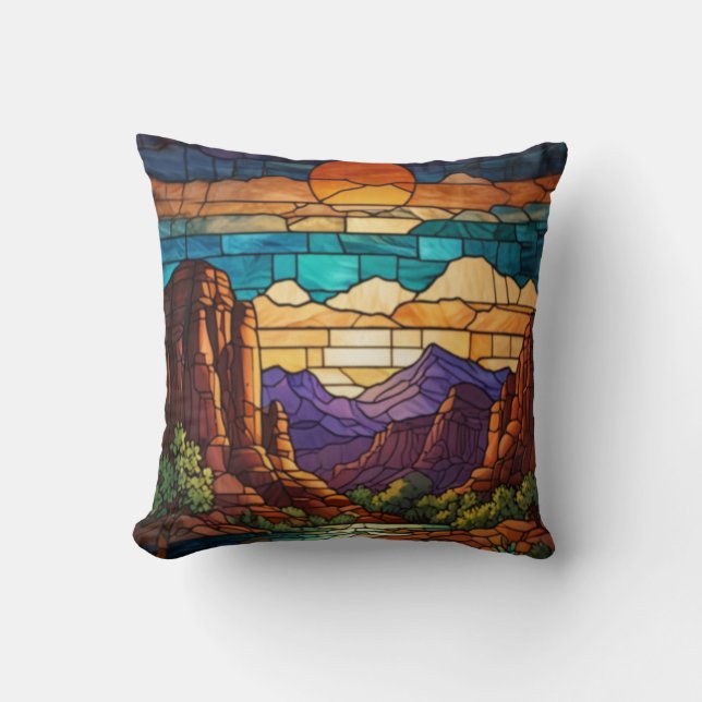 Almofada Retro desert scene Sedona mountains stainglass art (Frente)