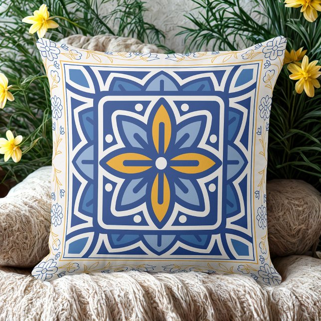 Almofada Retro Dourado e azul-mediterrânico do Azulejo Flor (Criador carregado)