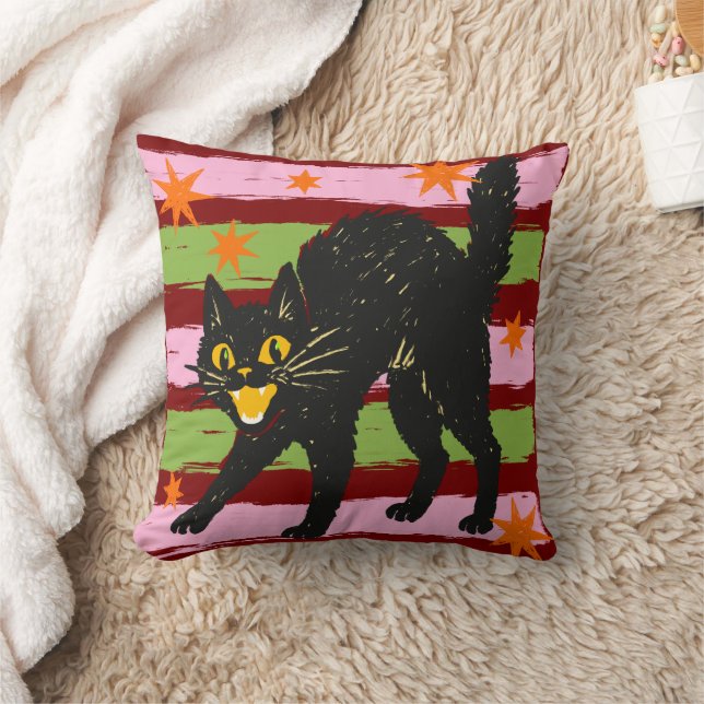Almofada Retro Fofo Halloween Gato Preto com Listras Estrel (Cobertor)