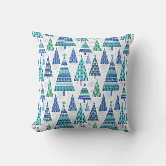Almofada Retro Geo Scandi Árvores de Natal Azul e Verde (Frente)